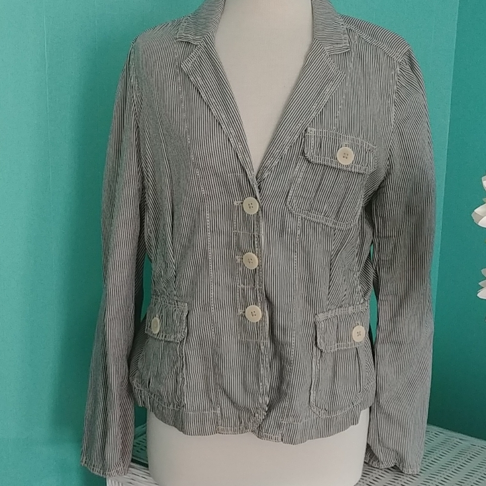 Gap XL Navy and Cream Pinstriped Cotton Blazer